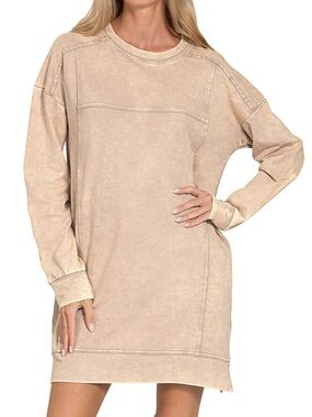 French Terry Acid Washed Dress with Pockets in Ash Mocha